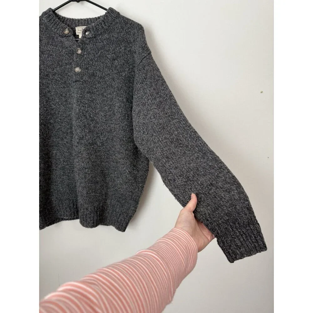 LL Bean 100% Lambs Wool Men's Classic Ragg Sweater Henley Pullover Gray Medium - Picture 5 of 9